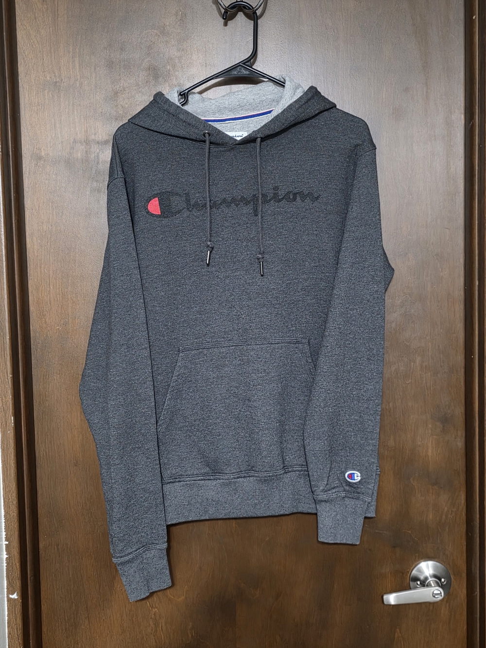 Champion Dark Gray Pullover Hoodie with Red Logo Accent